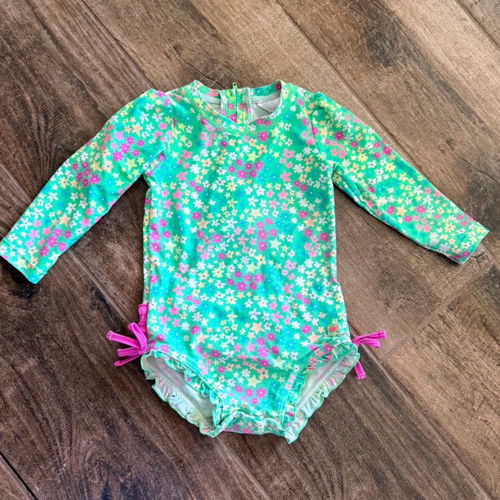 RuffleButts Floral Long Sleeve Rash Guard UPF50+ Swimsuit,Green Pink,2T